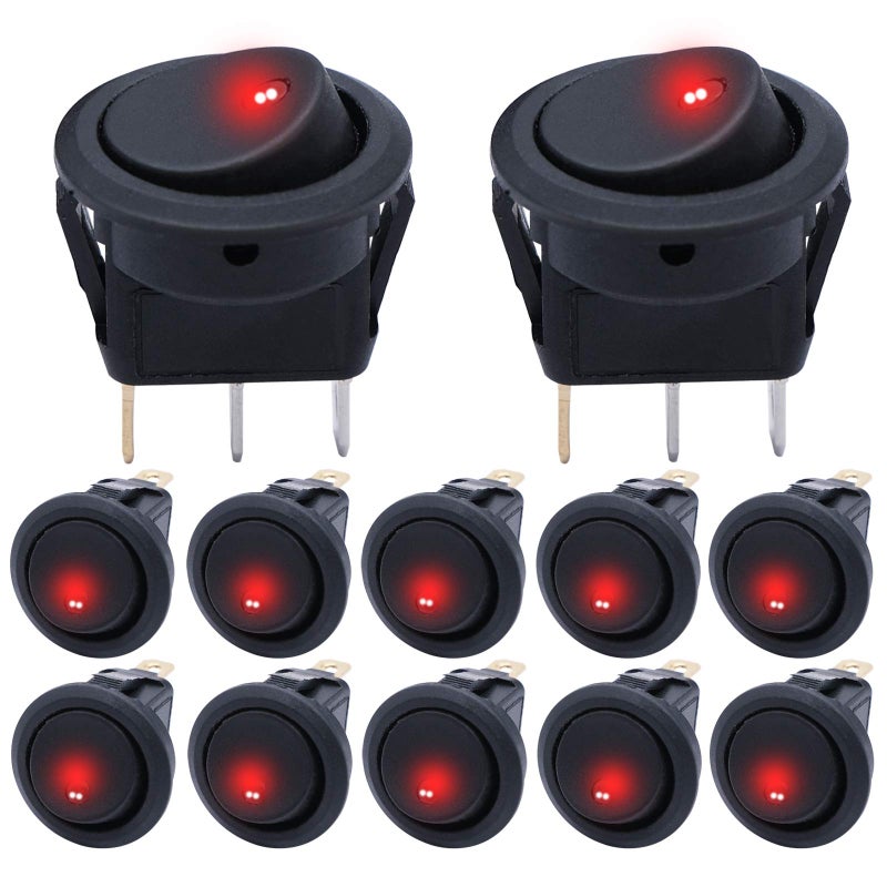 mxuteuk 12pcs 12V Lighted Round Rocker Switch Toggle Switch Red LED SPST On-Off Switch 20A for Car Truck Control KCD2-102N-R - Image 1